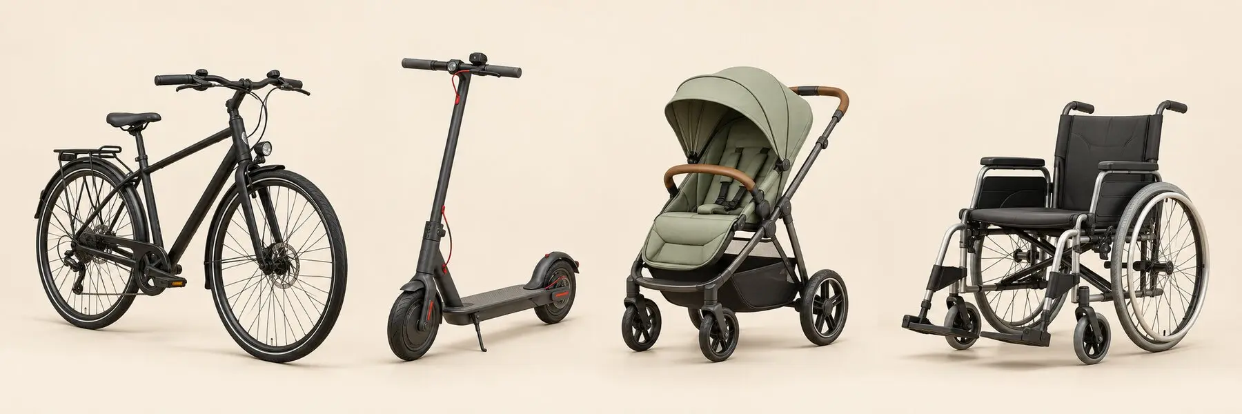A bicycle, a scooter, a stroller and a wheelchair