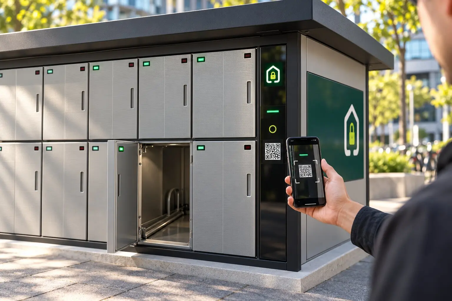 A user scans the QR code at a Sergak park with a phone, a box is open