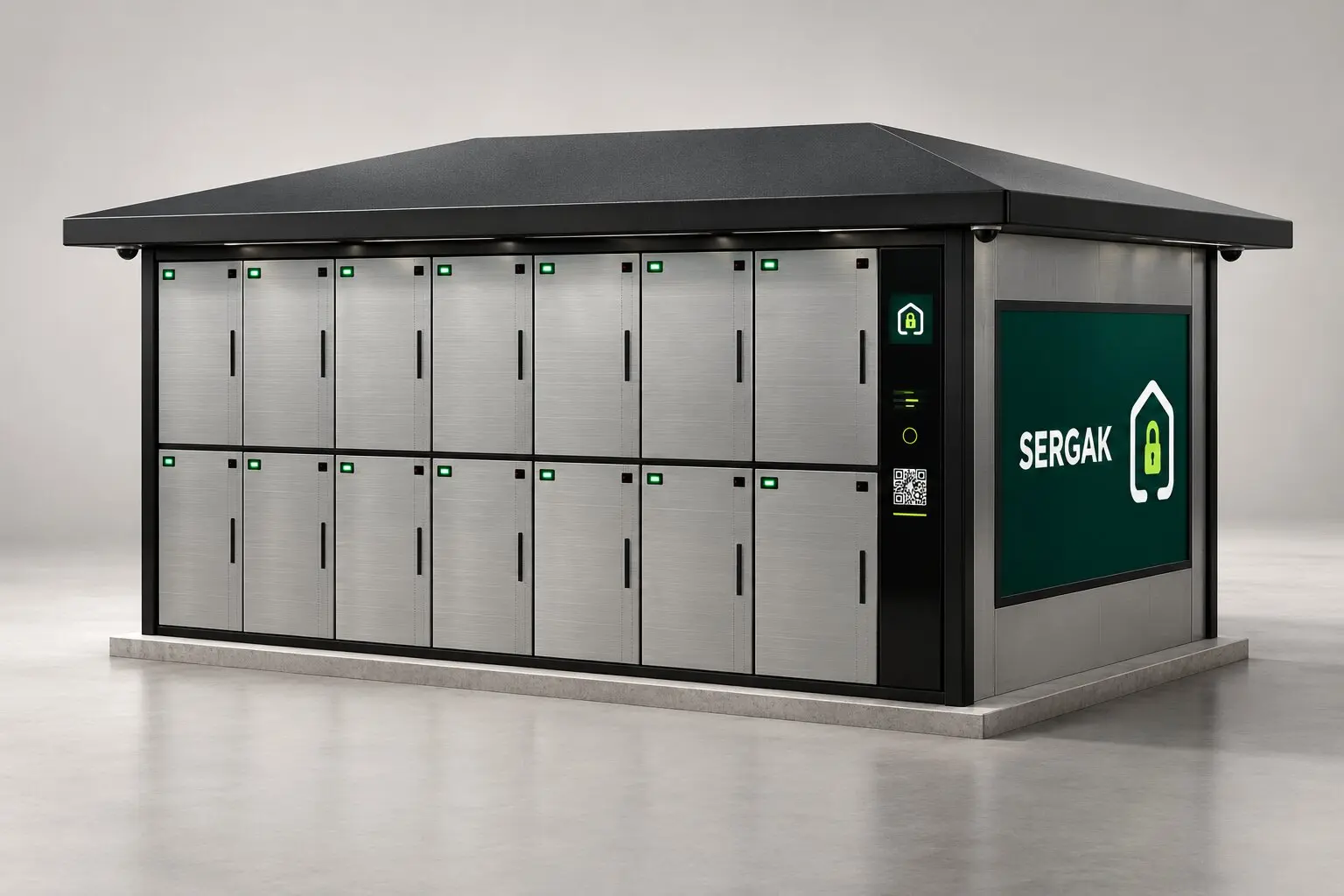 A Sergak park: 32 steel boxes, an LED advertising screen on the side wall and a QR panel